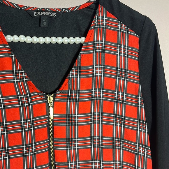 Express Zip Front Plaid Polyester Blouse - Picture 2 of 6